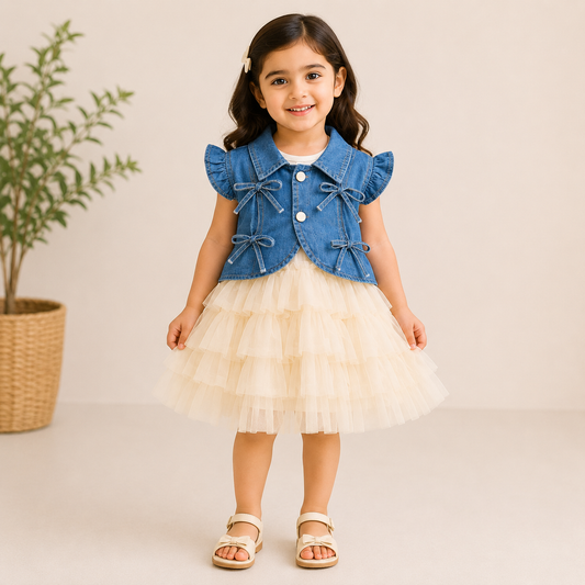 Western Denim & Net Frock for Girls | Ages 1–3 Years