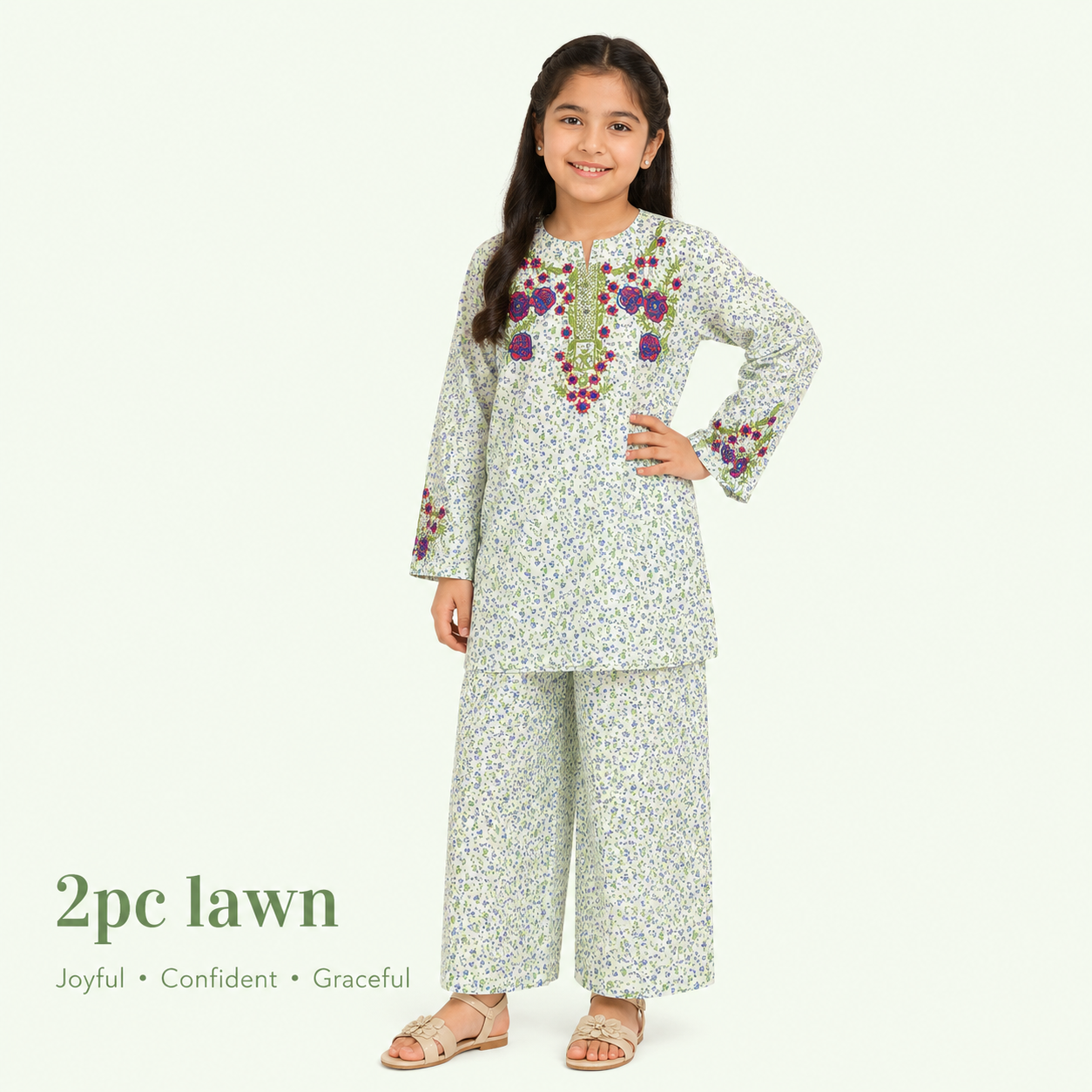 Girls Green Floral Lawn 2-Piece Suit | Ages 3–13