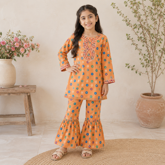 Orange Floral Girls Lawn Suit — 3 to 13 Years