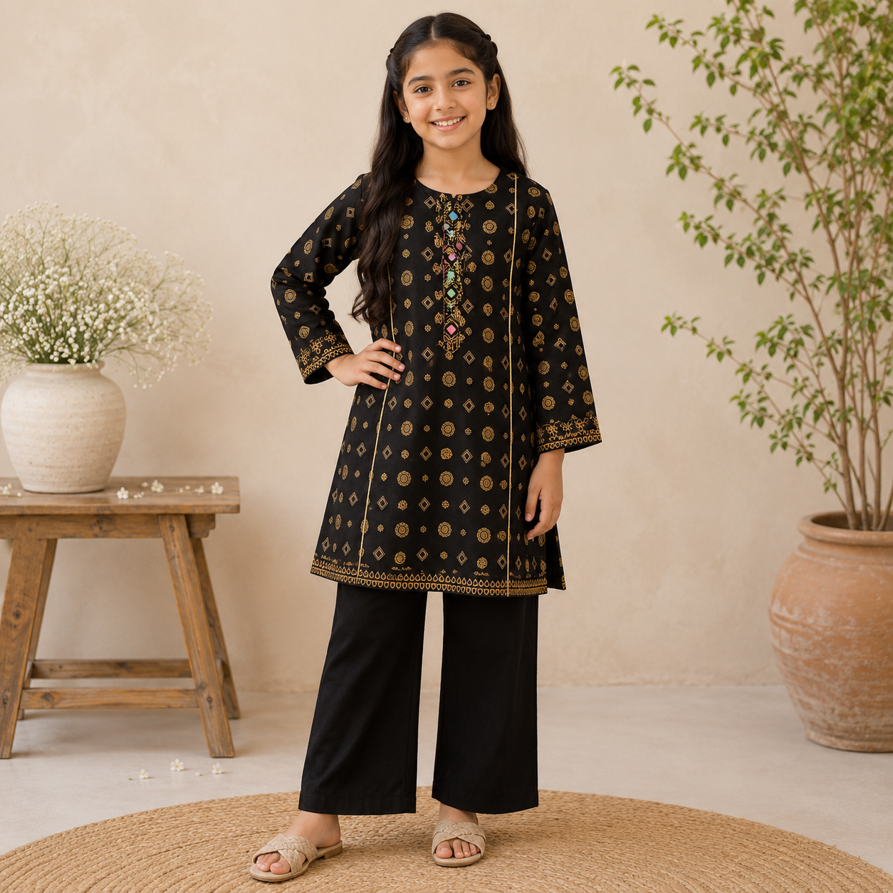 Jet Black Girls Lawn Suit — 2 to 13 Years