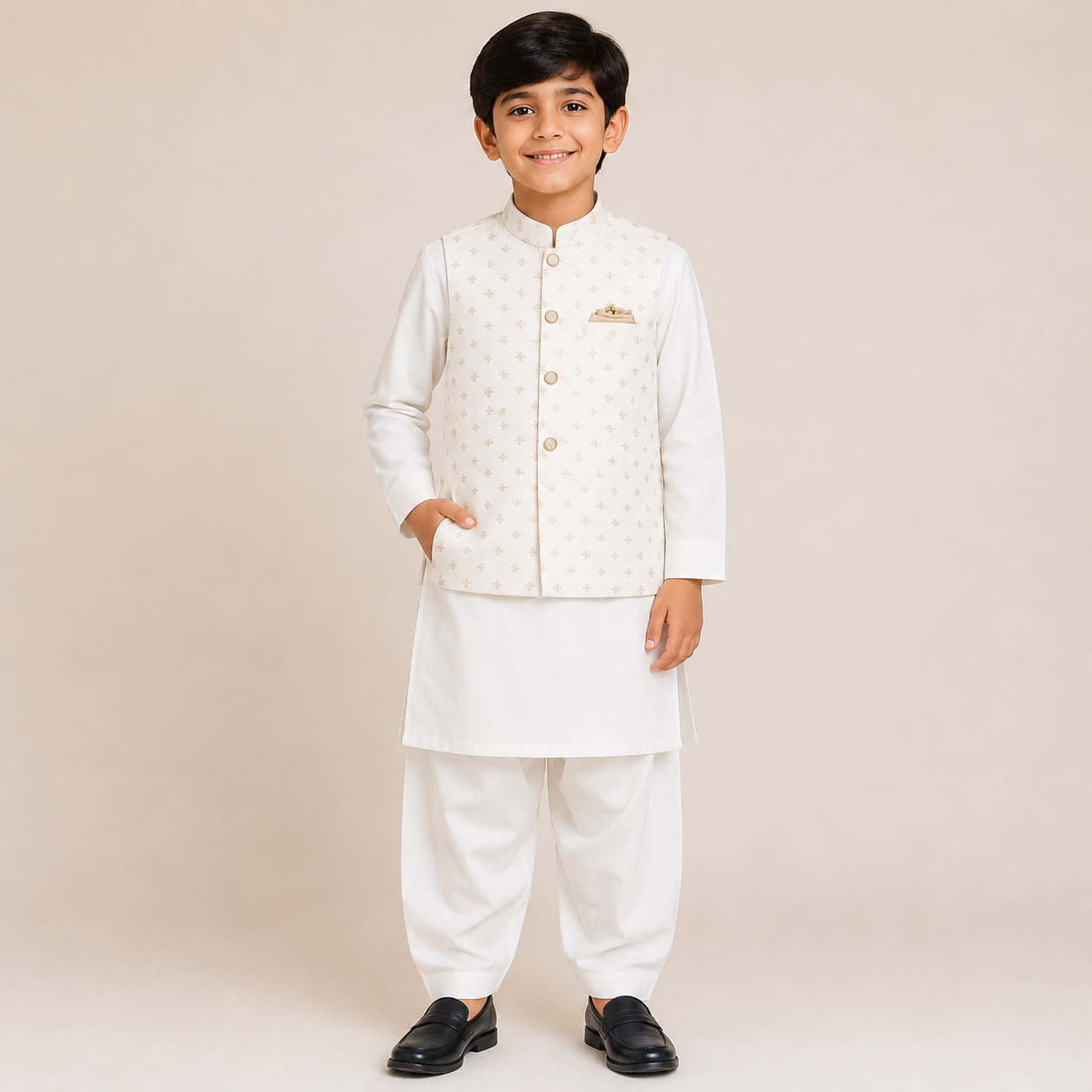 Boys White Embroidered Wash & Wear 3-Piece Suit | KidsStudio