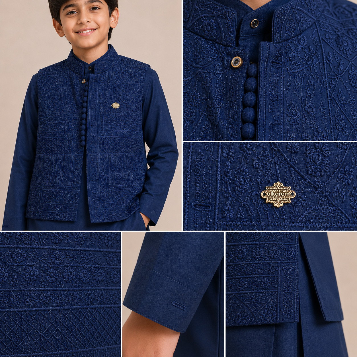 Boys Navy Blue Embroidered Wash & Wear 3-Piece Suit | KidsStudio